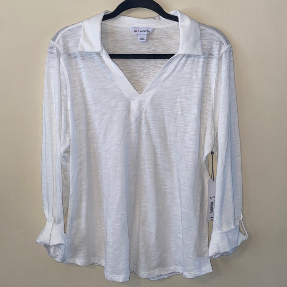NWT Liz Claiborne White 3/4 sleeve lightweight polo size L